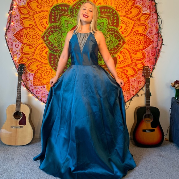 NWT Monique Lhuillier mesh inset ball gown in teal - Picture 4 of 8